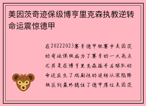 美因茨奇迹保级博亨里克森执教逆转命运震惊德甲 美因茨奇迹保级博亨里克森执教逆转命运震惊德甲