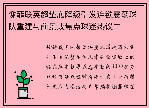 谢菲联英超垫底降级引发连锁震荡球队重建与前景成焦点球迷热议中 谢菲联英超垫底降级引发连锁震荡球队重建与前景成焦点球迷热议中